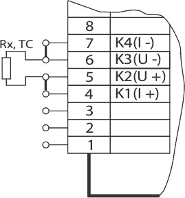 Схема подключения при измерении сопротивления (в том числе сигналов от термопреобразователей сопротивления) по двухпроводной схеме (исполнение DIN)