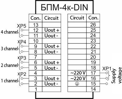 Connection diagram of the blocks БПM-4k, version DIN