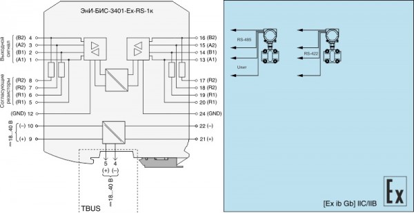 Упрощенная функциональная схема барьера искрозащиты ЭнИ-БИС-3401-Ех-RS