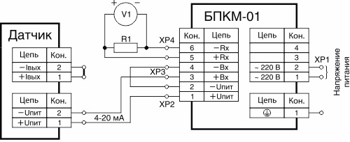 Схема подключения блока БПКМ исполнения 01 к датчику с выходным токовым сигналом 4…20 мА