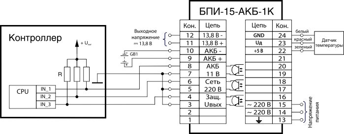 Электрические подключения БПИ-15-АКБ-1К (с подключением выходов оптопар к контроллеру)