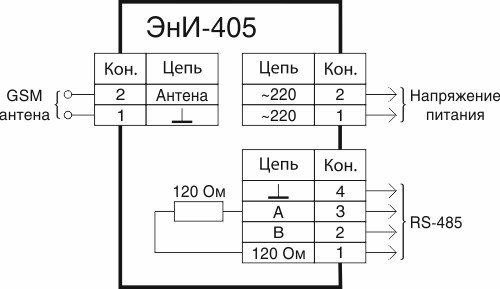 Схема подключения ЭнИ-405 со встроенным блоком питания (интерфейс RS-485)