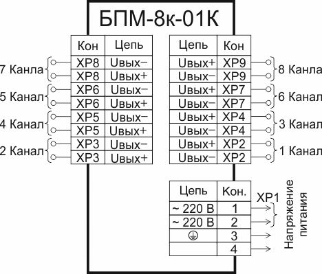 Схема подключения блоков БП-8к, исполнение 01К