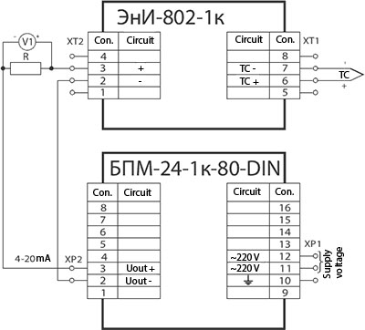 Connection diagram of ЭнИ-802-1к with a primary converter of the thermal couple type and output current signal 4…20 mA