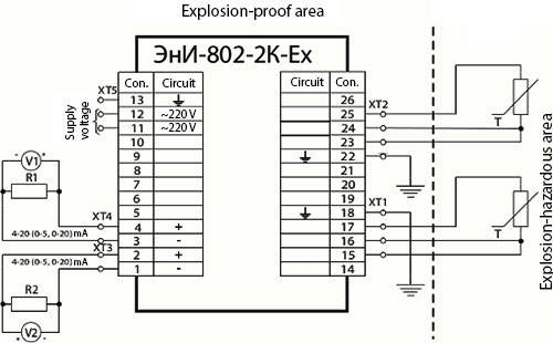 Connection diagram of ЭнИ-802-2к-Ex with primary converters of the resistance thermal converter type and output current signal 4…20  (0...5, 0...20) mA