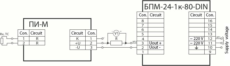 Connection diagram of ПИ-M, version 1, with a primary converter of the resistance thermal converter type and output current signal 4…20 mA