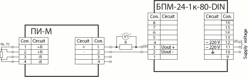 Connection diagram of ПИ-M, version 2, with a primary converter of the resistance thermal converter type and output current signal 4…20 mA