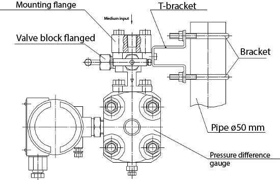 Example of the valve block installation on a pipe with diameter ⌀ 50 mm