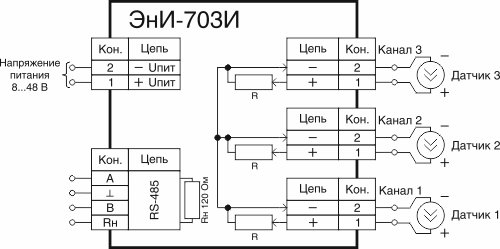 Схема подключения каналов измерения ЭнИ-703И к датчикам с активным токовым выходом