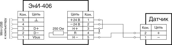 Схема подключения модема в одноточечном режиме при питании токовой петли от встроенного источника питания с использованием встроенного HART-резистора