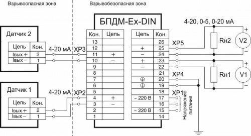 Схема подключения БПДМ-Ех исполнение DIN